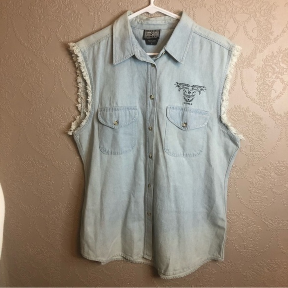 Vintage Biker Sleeveless denim shirt Daytona Beach Biketoberfest L Large